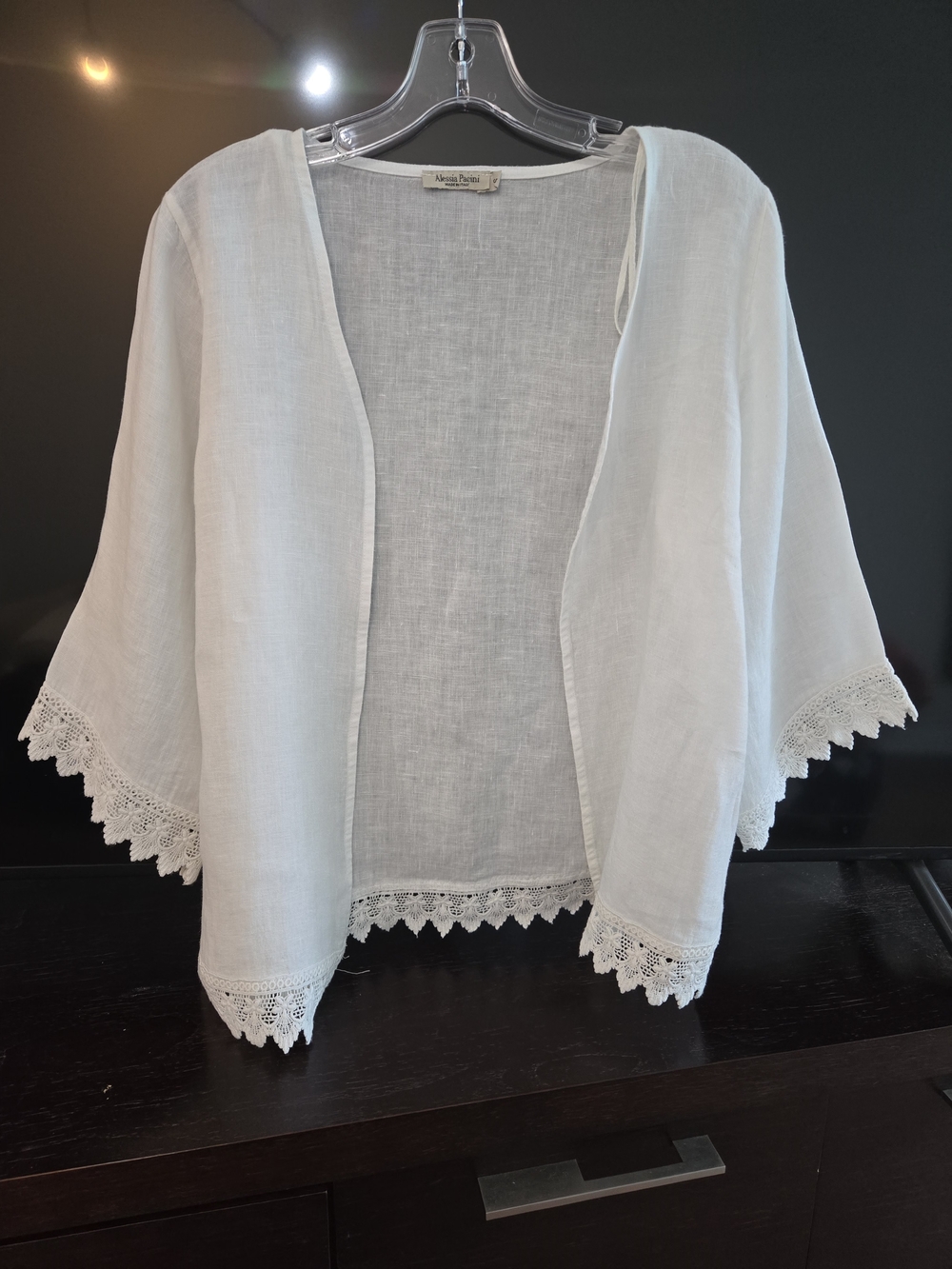 White Linen Crochet-Trim Open Front Women's Top